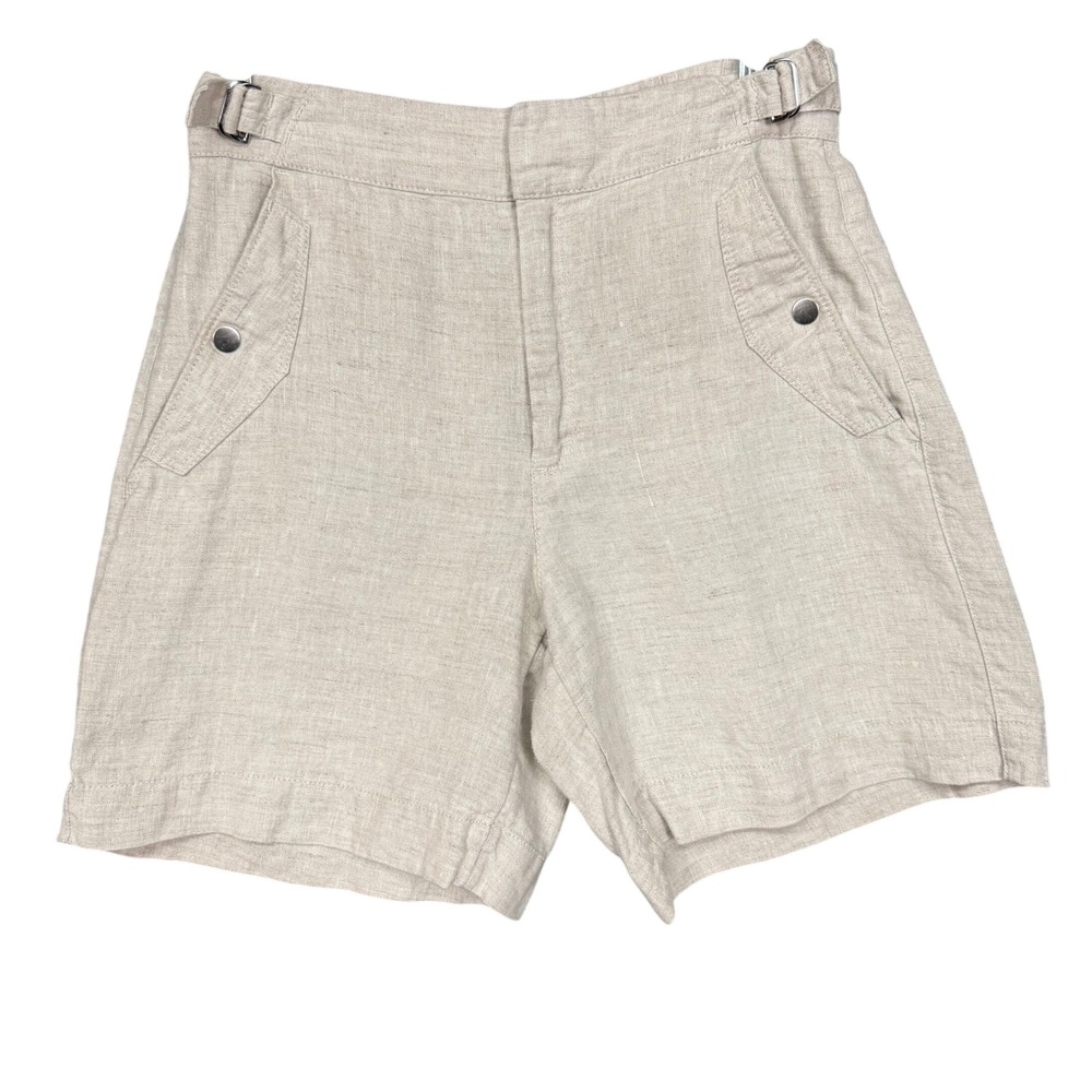 Athleta Cabo Linen Shorts Womens 4 Beige High Rise Elastic Back Snap Pocket